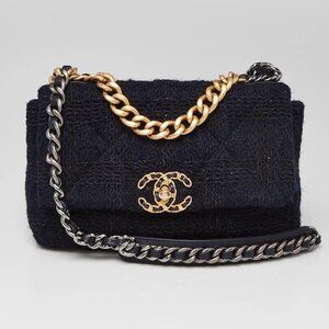 Chanel Navy Blue/Black Quilted Tweed Small Chanel 19 Bag